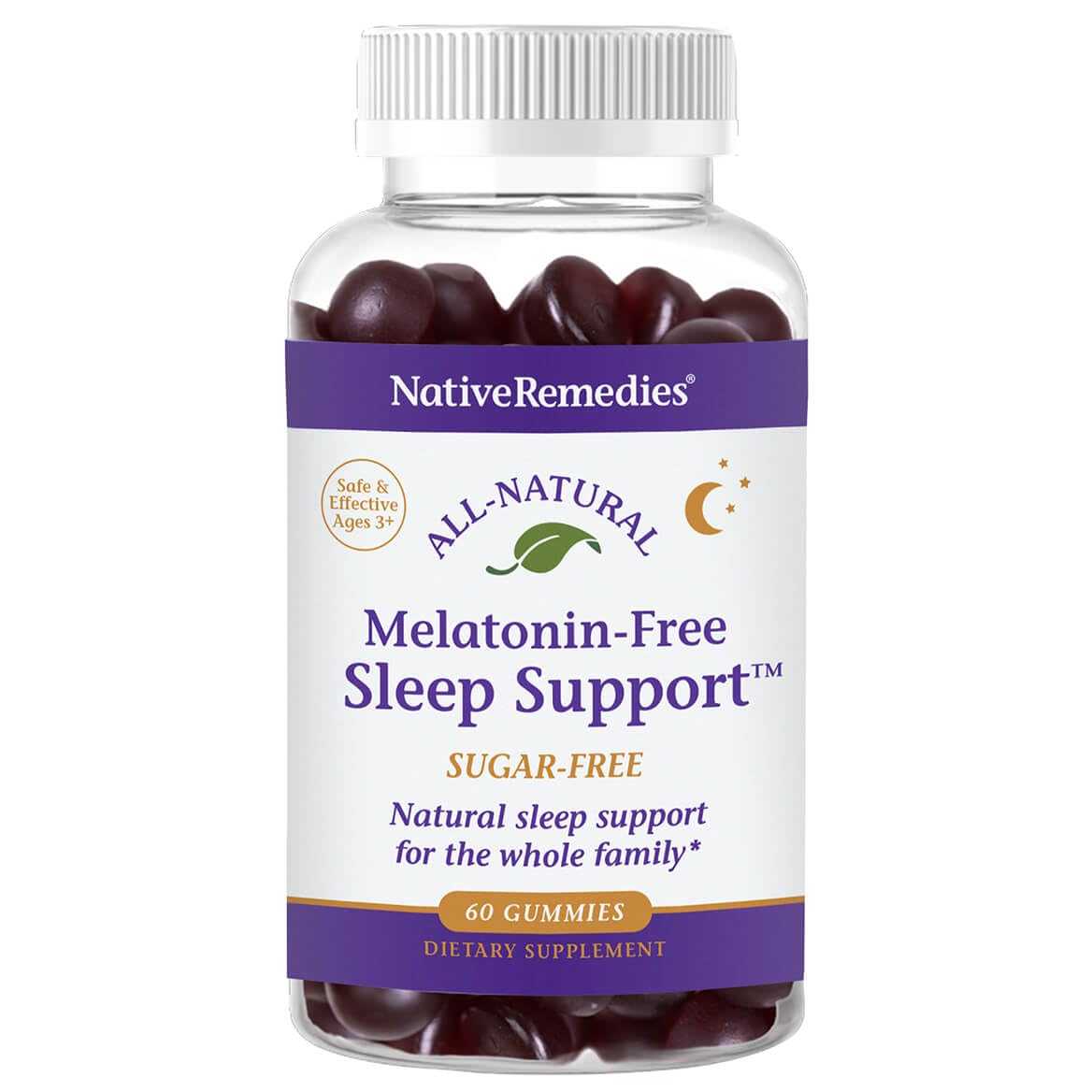 Bottle of melatonin-free sleep support gummies with herbal ingredients and sugar-free label