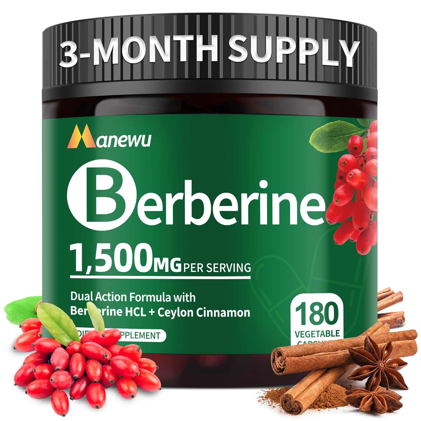 Bottle of Berberine 1500mg capsules with organic Ceylon cinnamon for metabolic health and energy
