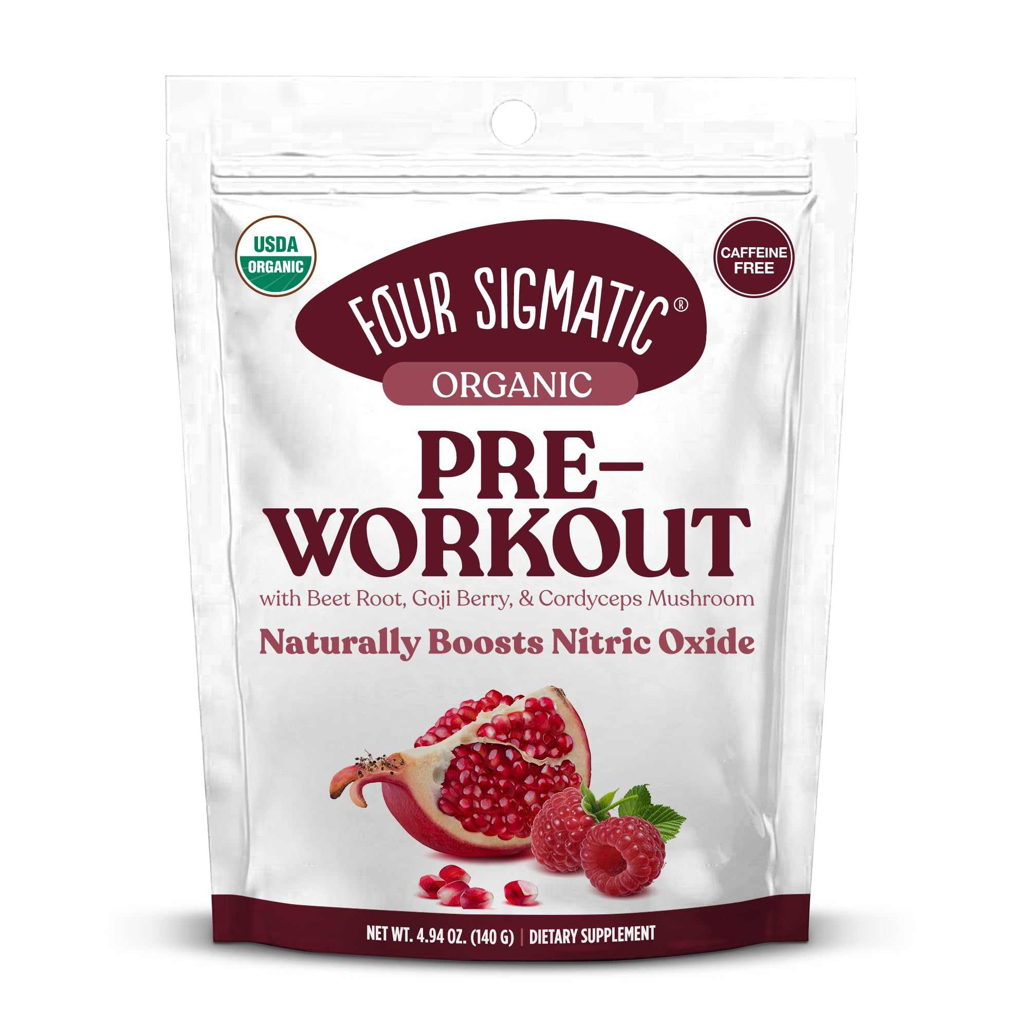Four Sigmatic Organic Pre-Workout Powder 4.9 oz tub with caffeine-free mushroom and fruit blend for natural energy