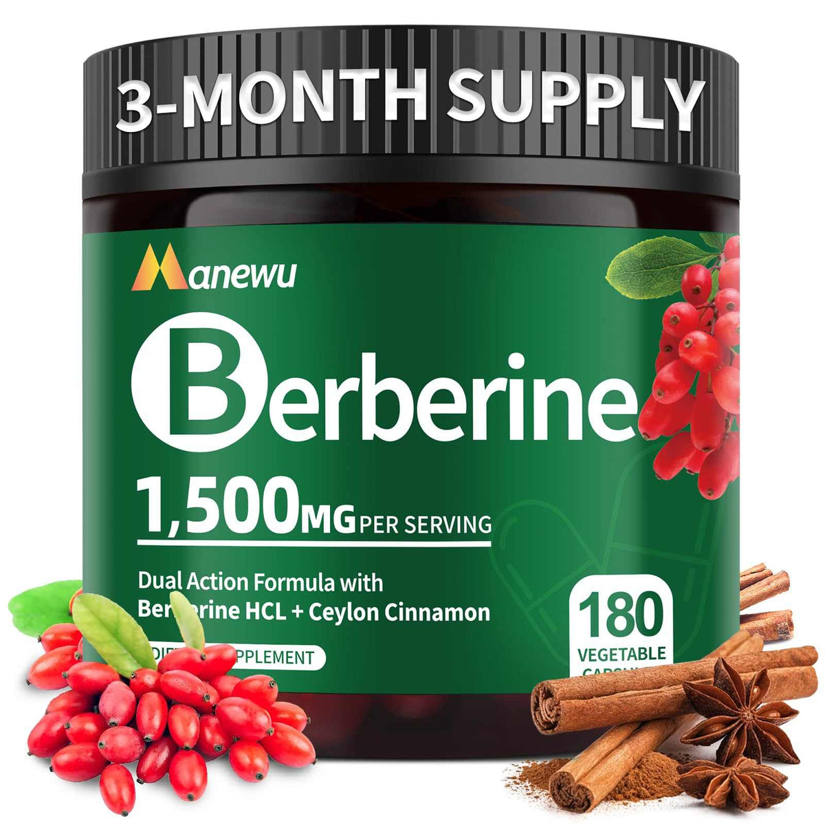 Bottle of Berberine 1500mg capsules with organic Ceylon cinnamon for metabolic health and energy support