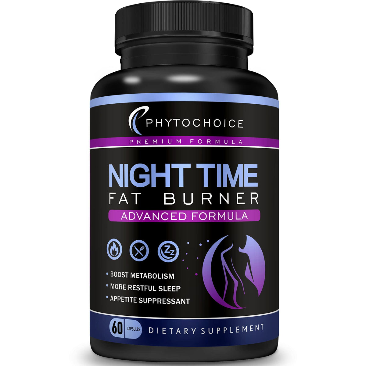 Bottle of Nighttime Fat Burner & Carb Blocker capsules with green coffee and white kidney bean extracts for metabolism and appetite support