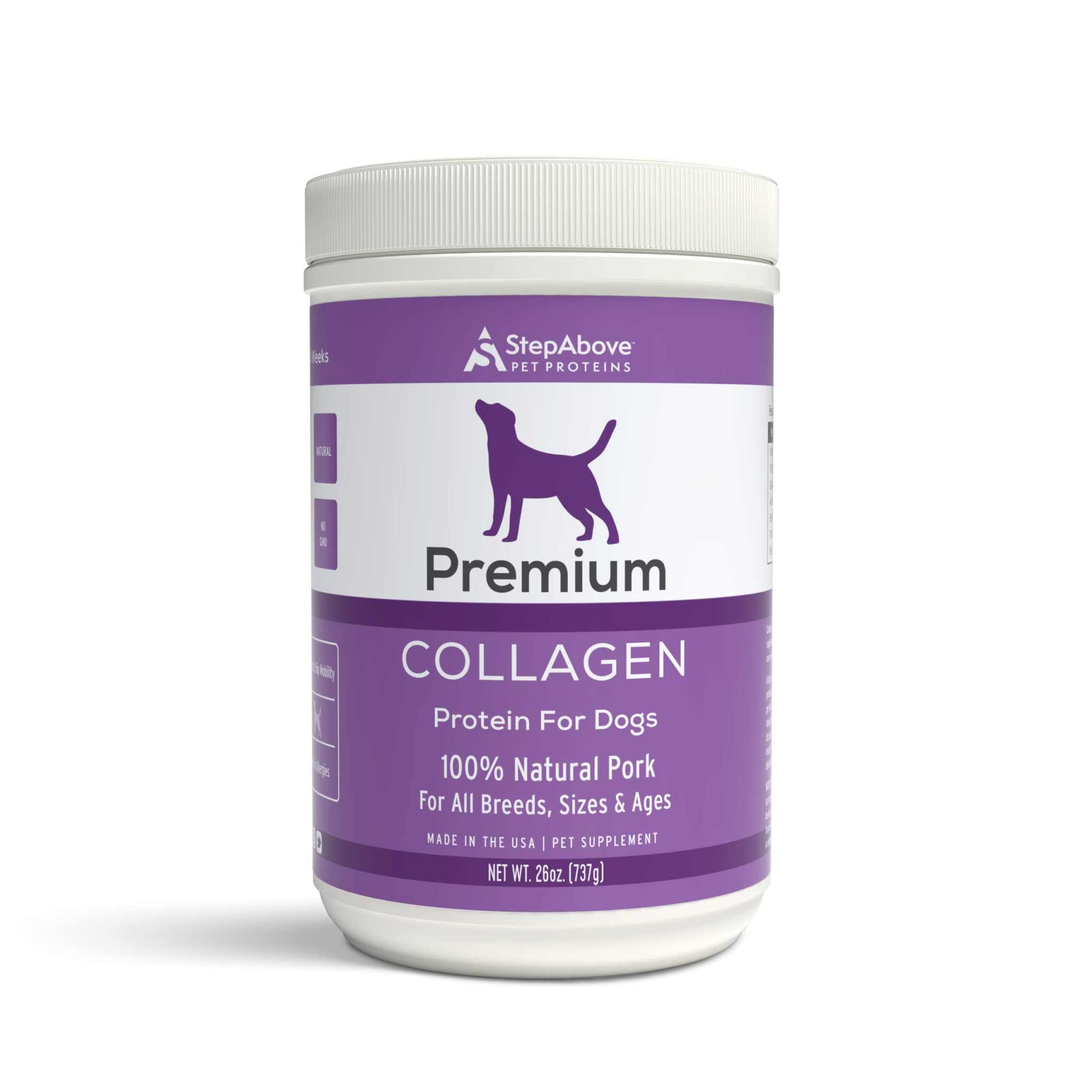 1 lb 10 oz tub of collagen protein for dogs supporting joints, skin, and digestion