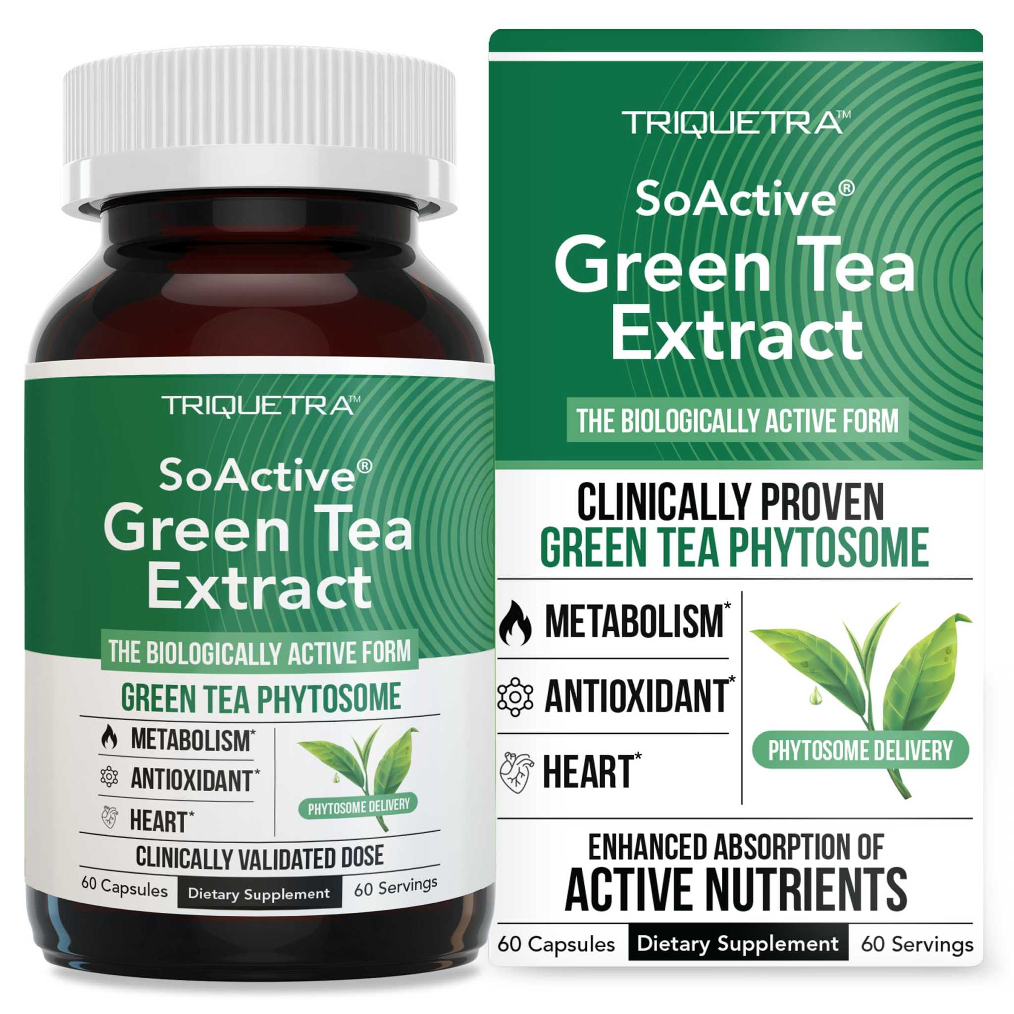 SoActive Green Tea Extract bottle with 60 capsules highlighting GreenSelect Phytosome for enhanced absorption