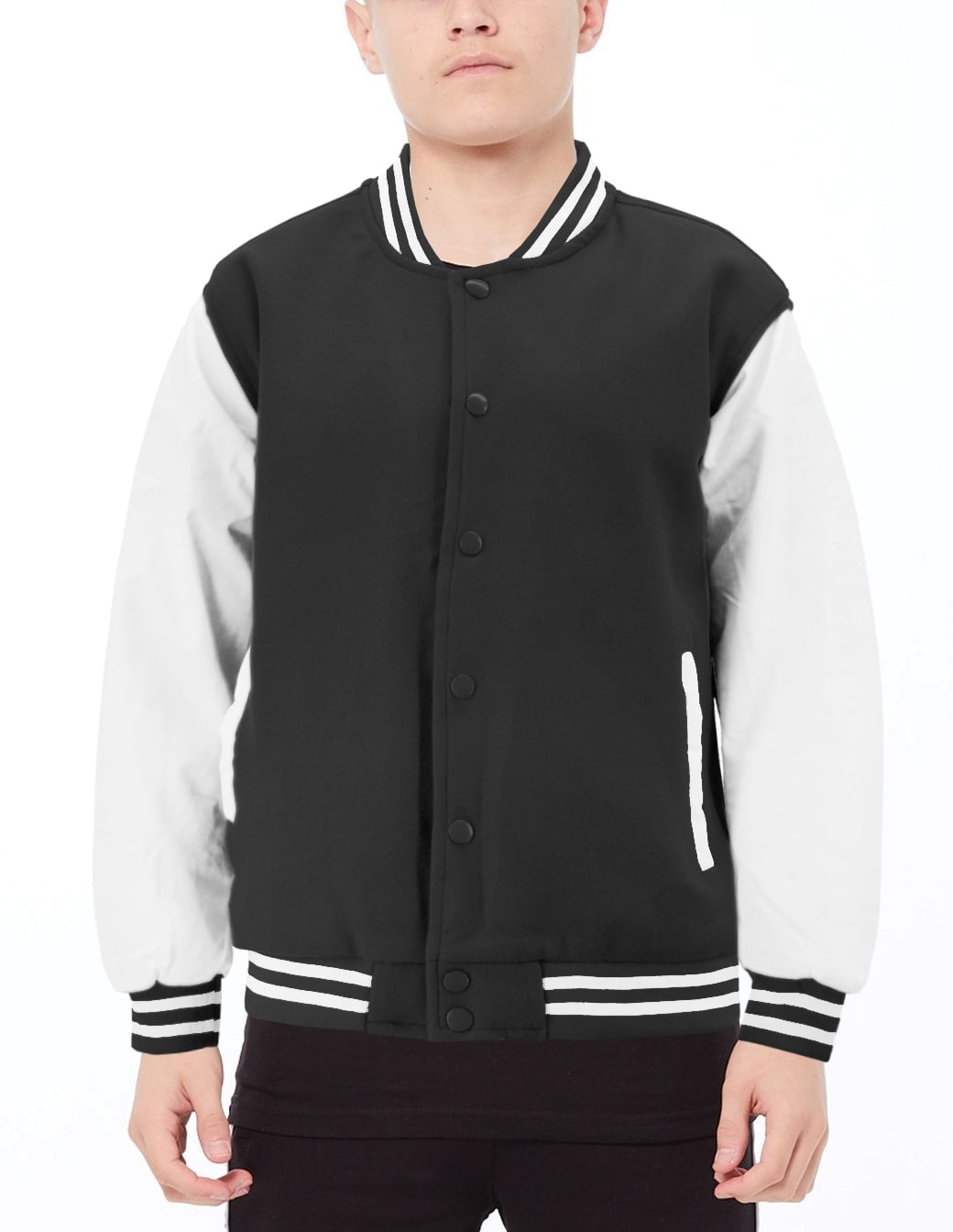 Boys' varsity bomber jacket, clean catalog photo