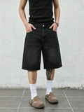 Simple solid black non stretch denim jorts men loose casual straight daily street comfy short pants