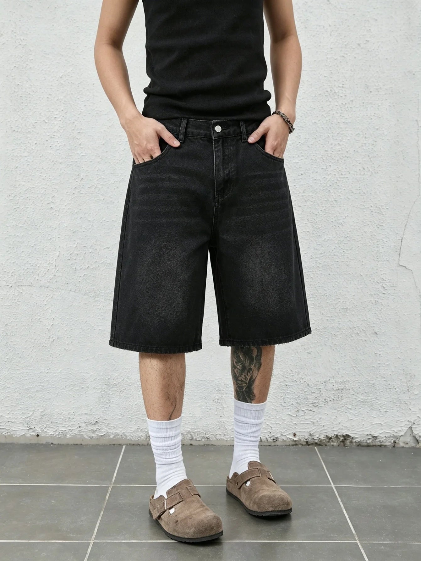 Simple solid black non stretch denim jorts men loose casual straight daily street comfy short pants