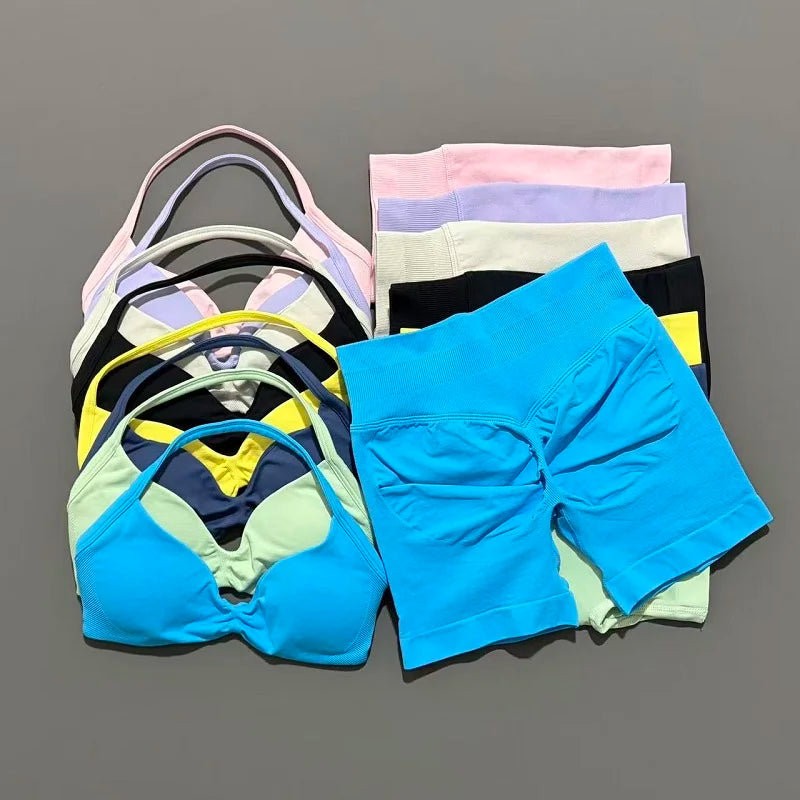 Women's seamless two-piece activewear set with sports bra and scrunch shorts