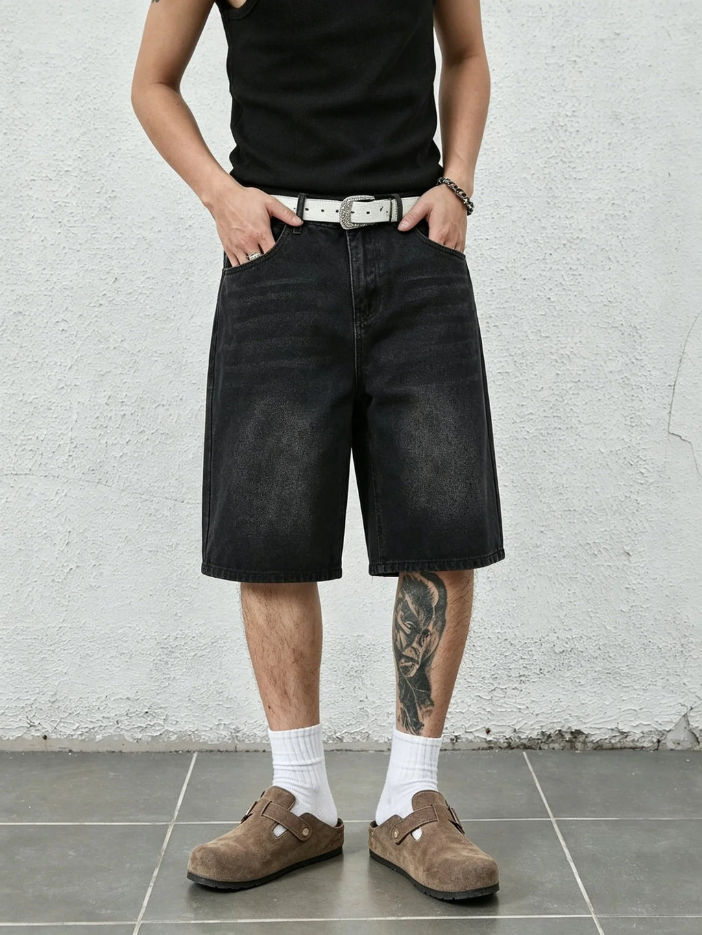 Simple solid black non stretch denim jorts men loose casual straight daily street comfy short pants