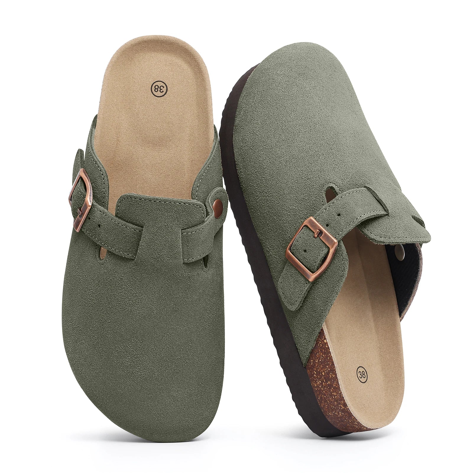 Men's suede slip-on mules with cork insole and adjustable back strap