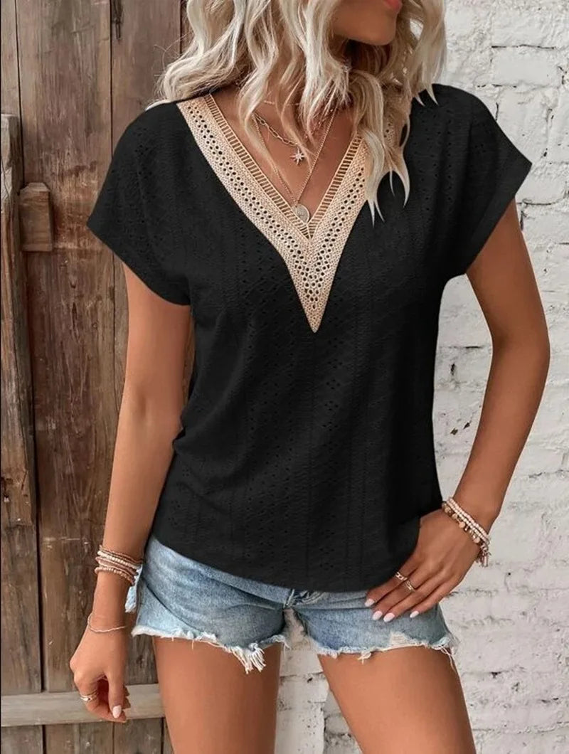 Women's V-Neck Lace Batwing Top