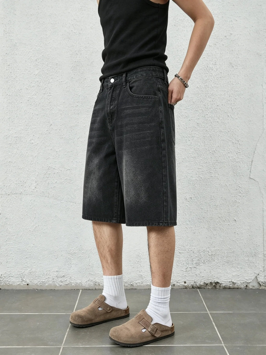 Simple solid black non stretch denim jorts men loose casual straight daily street comfy short pants