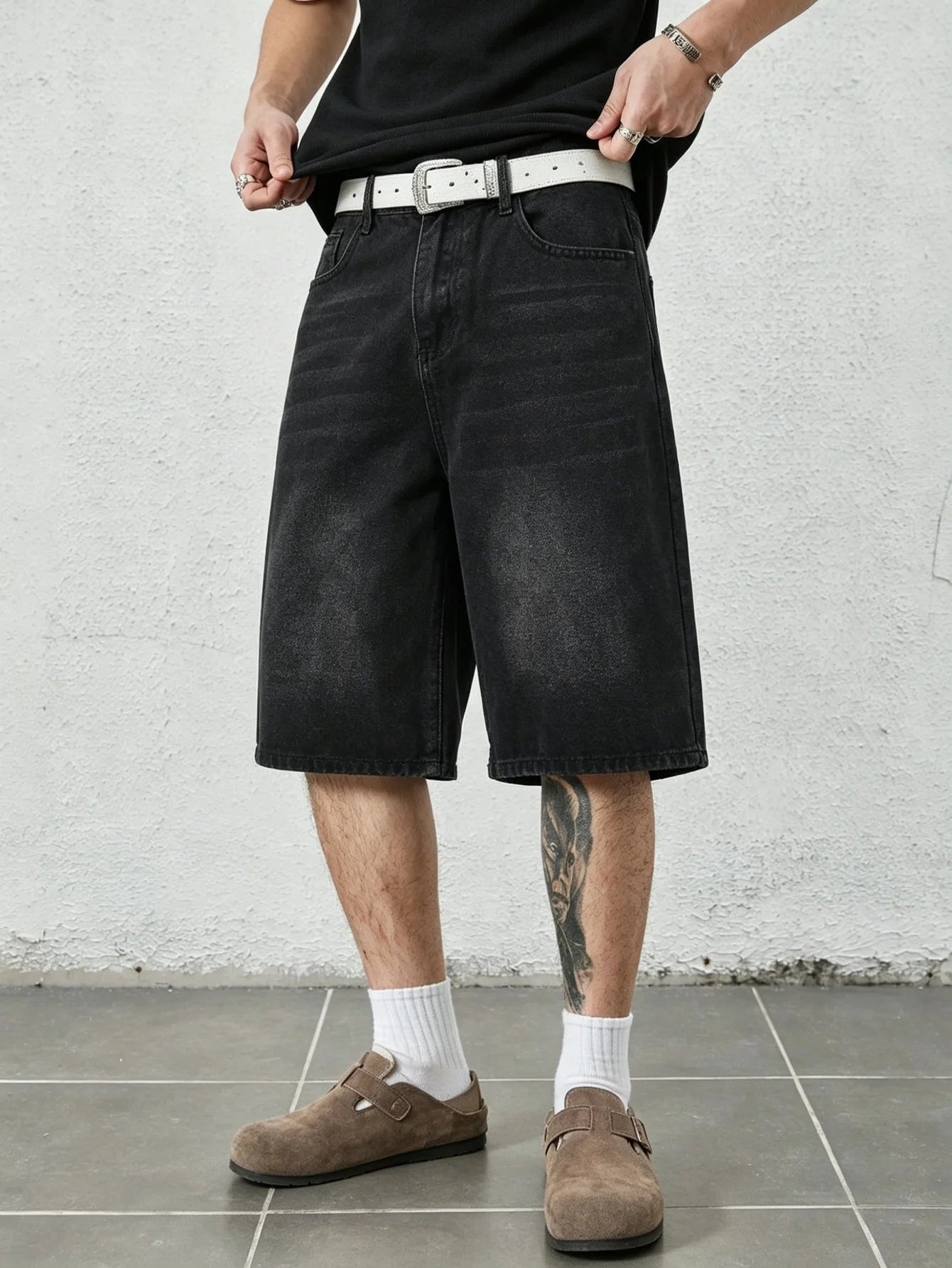 Simple solid black non stretch denim jorts men loose casual straight daily street comfy short pants