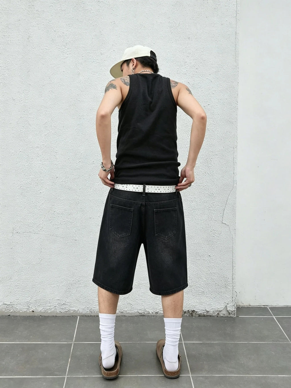 Simple solid black non stretch denim jorts men loose casual straight daily street comfy short pants