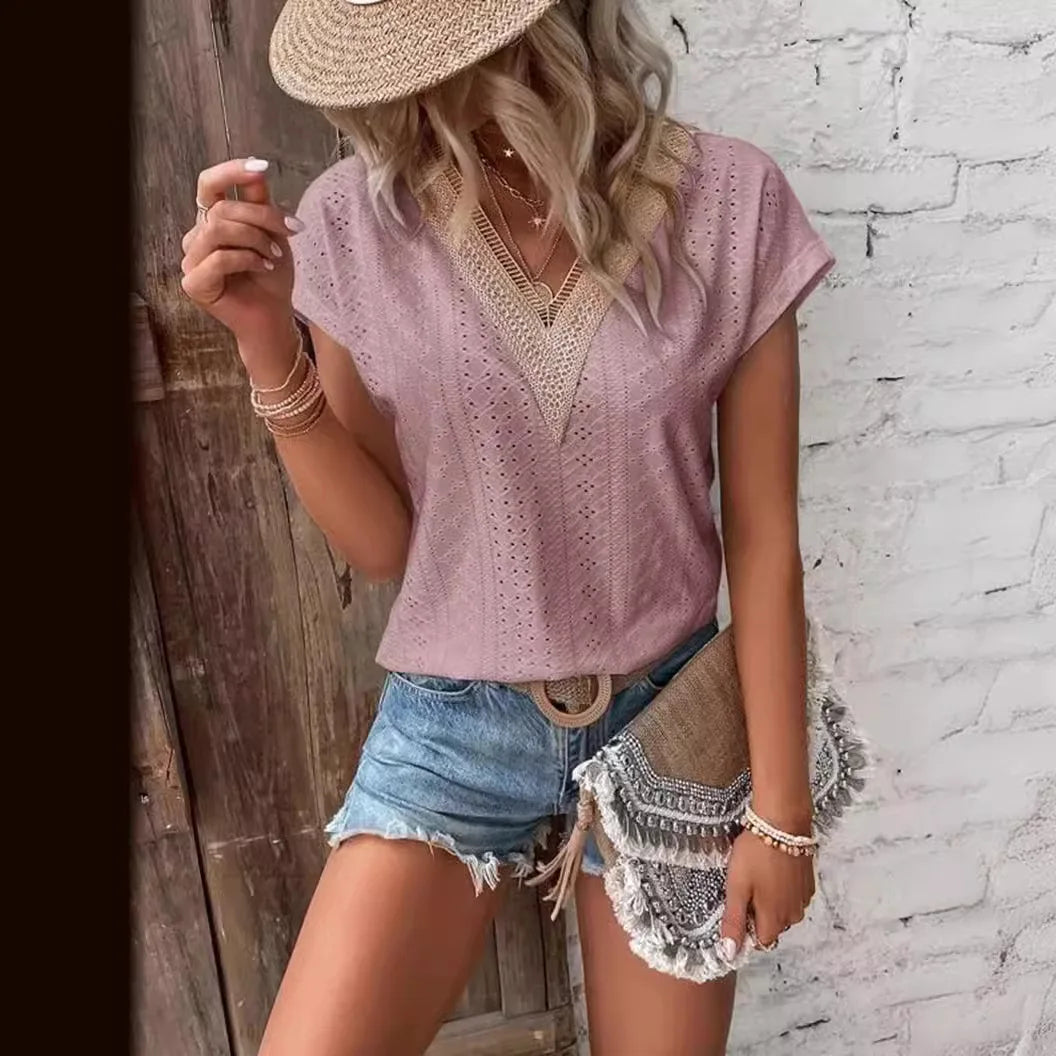 Women's V-Neck Lace Batwing Top