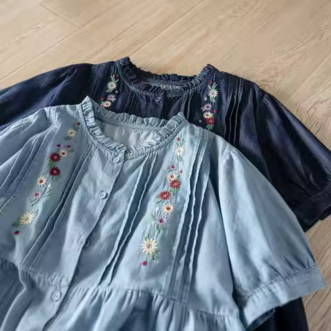 Women's Floral Embroidery Denim Chambray Shirt