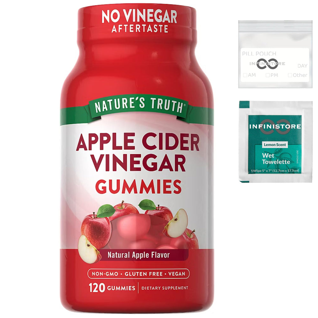 InfiniStore™ Medicine Pouch & Scented Moist Towelette Bundle with Nature Truth Apple Cider Vinegar Gummies 120 Count 400mg Natural Apple Flavor - Non-GMO Gluten Free Vegan